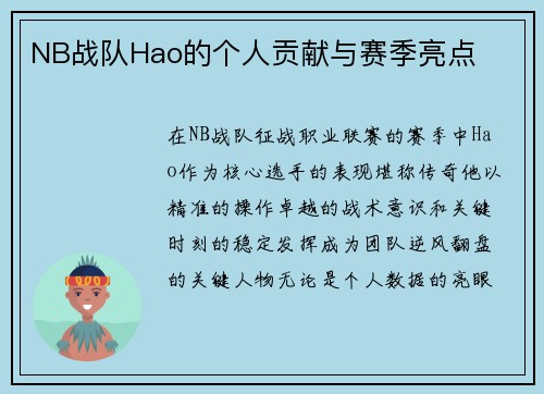 NB战队Hao的个人贡献与赛季亮点