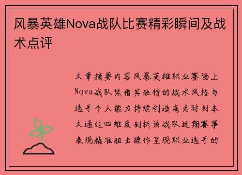 风暴英雄Nova战队比赛精彩瞬间及战术点评