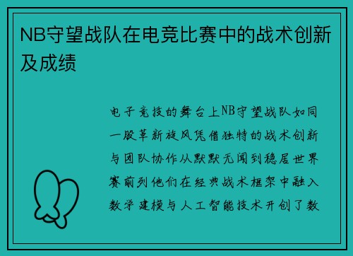 NB守望战队在电竞比赛中的战术创新及成绩