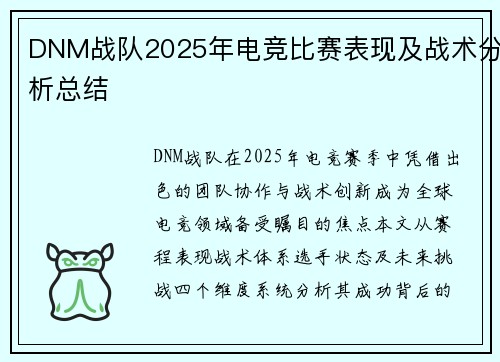 DNM战队2025年电竞比赛表现及战术分析总结